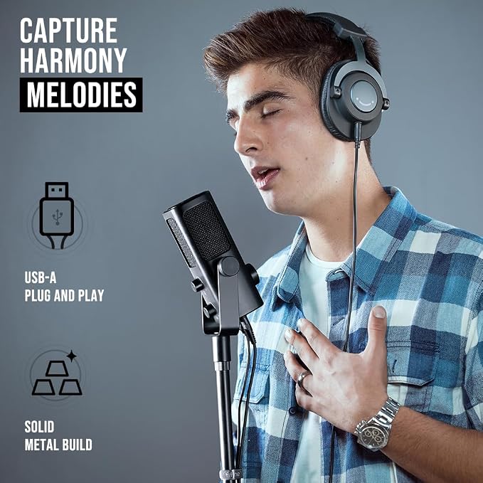 FIFINE USB-Podcast-Condenser-Microphone for Studio-Recording/Computer-Streaming, Desktop-Metal-Mic for YouTube Music Vocal Creation, with Monitor-Mix Volume-Control, Low-Cut Switch (PROFILE3)