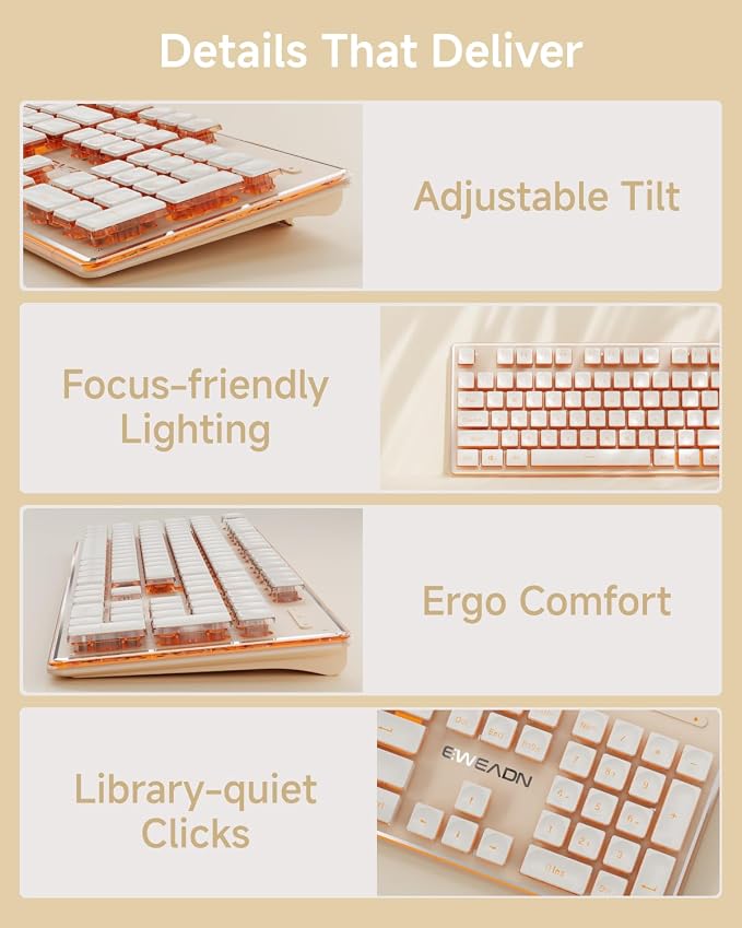 SEUNKWANG EWEADN V3 Wireless Keyboard and Mouse with Single Backlit, Metal Panel, Bluetooth/2.4G Rechargeable Computer Keyboard and Mouse Combo Silent Lighted Full Size Cute Keyboards-Rose Gold