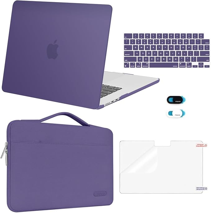 MOSISO Compatible with MacBook Air 15 inch Case M5 2026 M4 2025 M3 M2 2024 2023 A3448 A3241 A3114 A2941,Protective Hard Shell&Carrying Sleeve Bag&Keyboard Cover&Webcam Cover&ScreenFilm,Imperial Purple