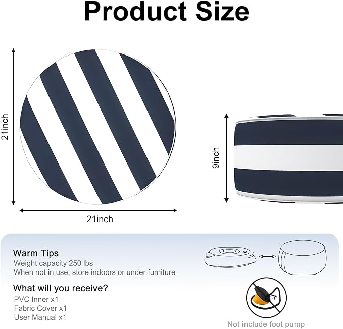 DYTXIII Inflatable Ottoman Stool D21 xH9 for Outdoor/Indoor Use, Water Repellent Patio Foot Rest Stool with Portable Handle,Round Pouf Ottoman Suitable for Garden,Deck and Camping - Cabana Navy
