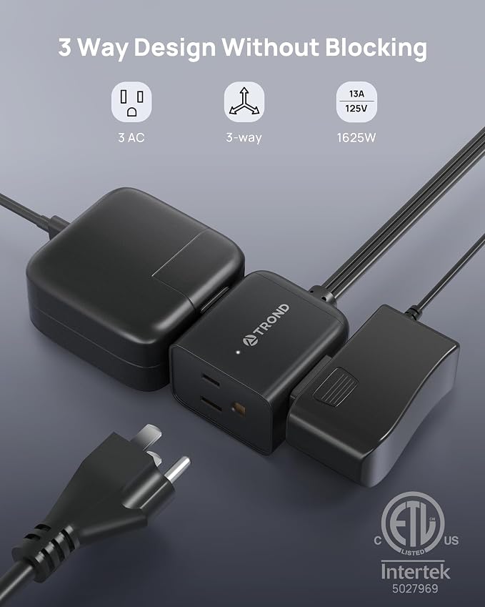 TROND Short Flat Extension Cord 1.5ft - Right Angled Flat Plug Power Strip, ETL Listed, 3 Plug Extension Outlets, Three Prong, 16 Gauge, 13A, Small for Indoor Home Office Cruise Ship Travel, Black
