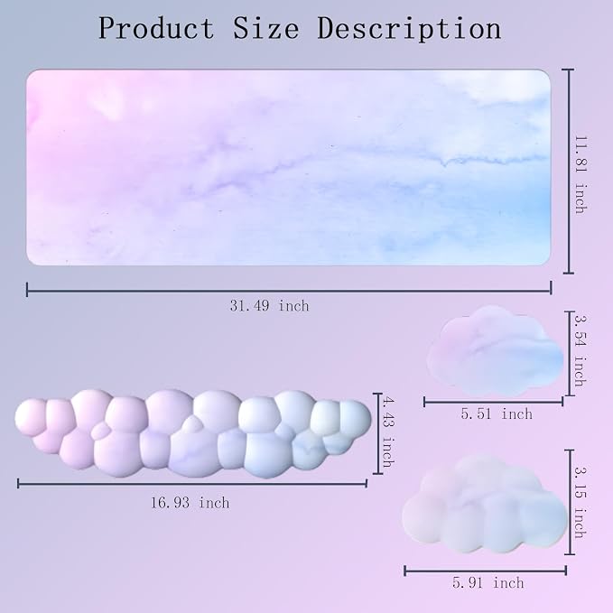 Cloud Mouse Pad and Keyboard Wrist Rest 4PCS Extended Large Desk Mat Pad Set Memory Foam Non-Slip Ergonomic Gaming Mouse Pad Wrist Support for Computer Laptop Home Office Cute Pink Blue Sky