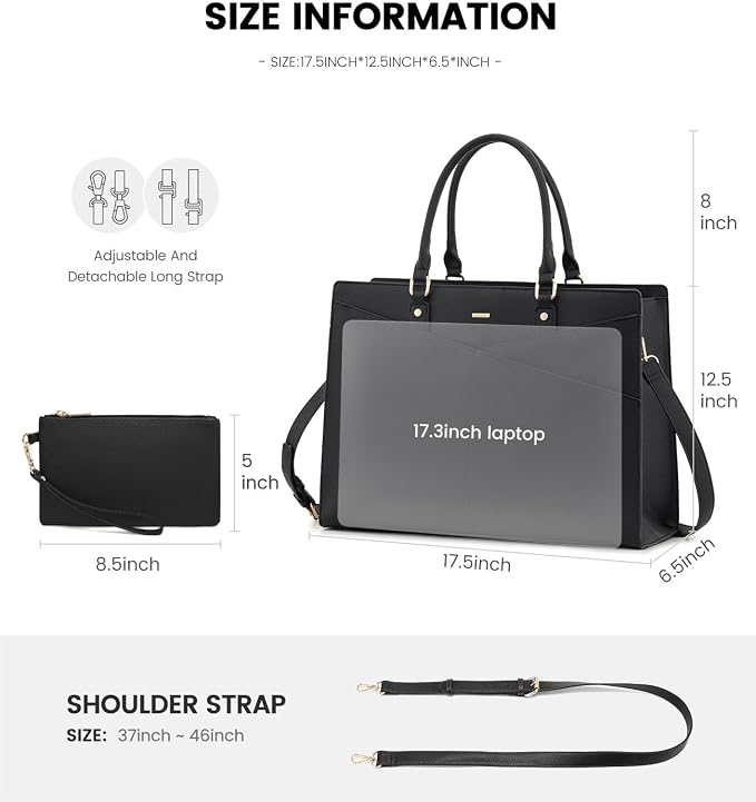 LOVEVOOK Laptop Tote Bag for Women, Leather Business Office Work Bag Computer Briefcase with Small Clutch fit for 17.3 Inch Laptop,Black