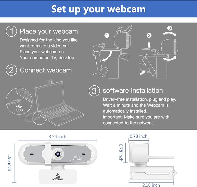 NexiGo N660P (Gen 2) 1080P 60FPS Webcam with Software Control, Dual Microphone & Cover, Autofocus, HD USB Computer Web Camera, for OBS/Zoom/Skype/FaceTime/Teams/Twitch, White