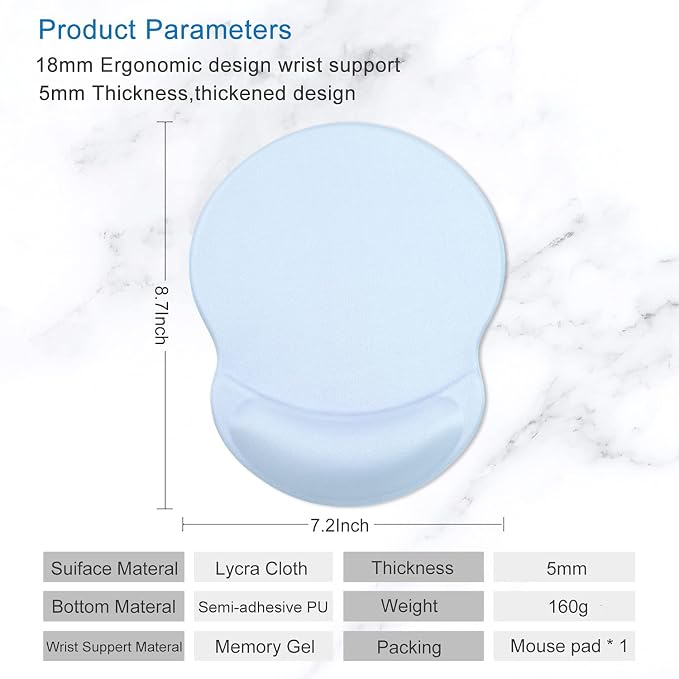 ITNRSIIET Ergonomic Mouse Pad with Gel Wrist Support Small Wrist Rest Smooth Surface Non-Slip PU Base Comfortable Office Supplies Pain Relief, 8.7 x 7.2 inches, Blue