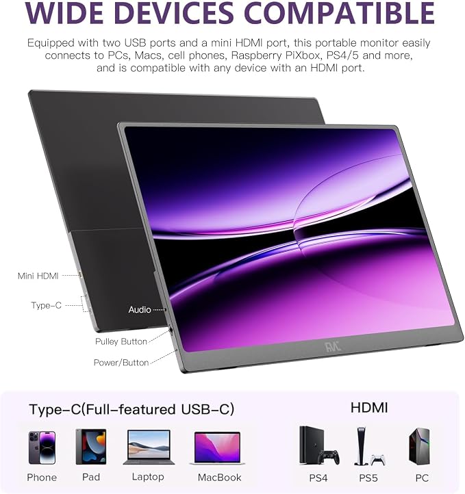 FMC 15.6 Inches Portable Monitor with IPS Display, Compatible with Windows, MacBook, Phone, and PS5 for Gaming and External Use