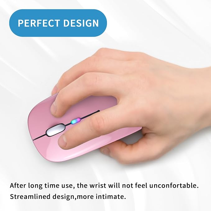 Wireless Bluetooth Mouse, Rechargeable, LED, Silent, Ultra-thin Design (Bluetooth 5.2 and 2.4GHz USB Receiver) | Portable Computer Mouse for Laptops, iPads, MacBooks and Apple Devices (Rose gold)