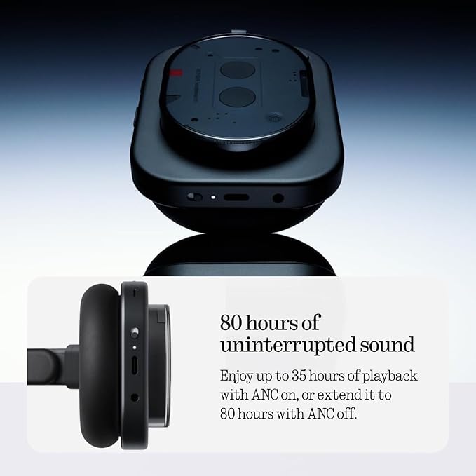 Nothing Headphone (1) Hybrid Active Noise Cancelling Headphones, Wireless Over-Ear Headphones with 6 Mics, 80Hrs Playtime, Hi-Res Audio, KEF-Tuned, Spatial Sound, Comfort Fit & Fast Charging Black