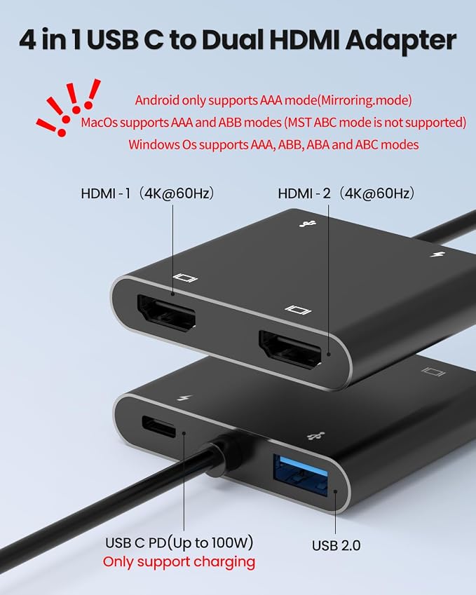 USB C to Dual HDTV Adapter, Fophmo 4K@60Hz HDTV Splitter Extend Display for Dual Monitors, macOS Only Allows Mirror Mode, Windows Allows Multi-Monitor Display 3 Separate Screens for 100W PD,USB-A Port