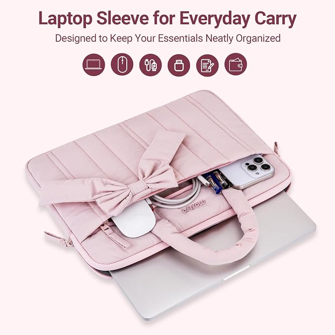 MOSISO Laptop Case 13.3 inch, 13-13.3 inch Puffy Laptop Sleeve Compatible with MacBook Neo/Air 13.6 M5 M4 M3 M2 M1/Pro 13/14, HP Dell ASUS Lenovo, Rectangle Quilted Carrying Bag with Bow&Handle, Pink