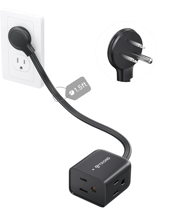 TROND Short Flat Extension Cord 1.5ft - Right Angled Flat Plug Power Strip, ETL Listed, 3 Plug Extension Outlets, Three Prong, 16 Gauge, 13A, Small for Indoor Home Office Cruise Ship Travel, Black
