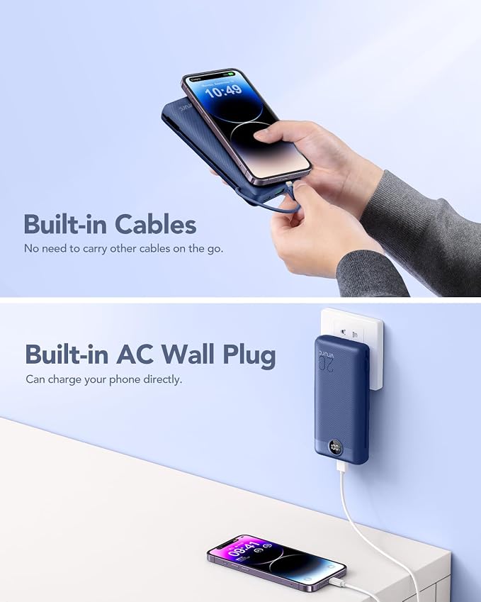 VRURC Portable Charger 20000mAh, Fast Charging Power Bank USB C,4 Output 2 Input Travel Essentials Charging Bank Equipped with LED Display,Built-in Wall Plug and Cables,Phone Charger Battery,Navy
