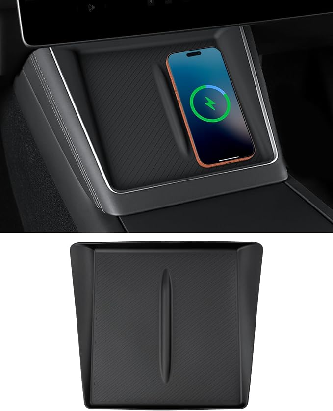 Black Center Console Silicone Mat for Tesla Model Y Juniper 2025-2026, Center Console Wireless Charging Phone Pad for Tesla Model Y Accessories (Style B)