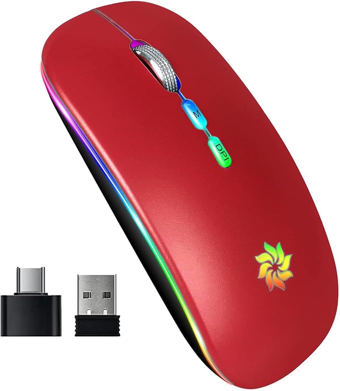 KBCASE Wireless Mouse, LED Wireless Mouse for Laptop, Slim Silent Mouse 2.4G Rechargeable Wireless Computer Mouse for Laptop, MacBook, iPad, Chromebook, with USB & Type-c Receiver