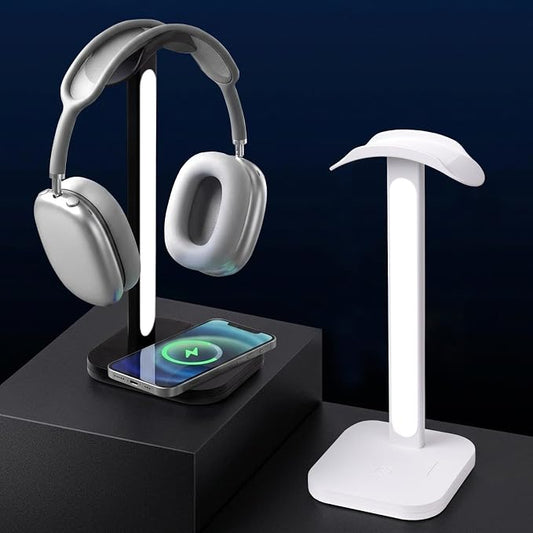 3 in 1 Gaming Headphone Stand with Wireless Charger, Desktop Headset Holder Hanger Rack, Wireless Charging Station Compatible for iPhone Series, PS5, Xbox, PC Gaming Desk Accessories