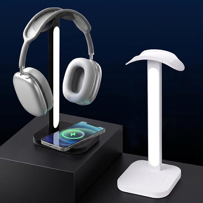 3 in 1 Gaming Headphone Stand with Wireless Charger, Desktop Headset Holder Hanger Rack, Wireless Charging Station Compatible for iPhone Series, PS5, Xbox, PC Gaming Desk Accessories, White