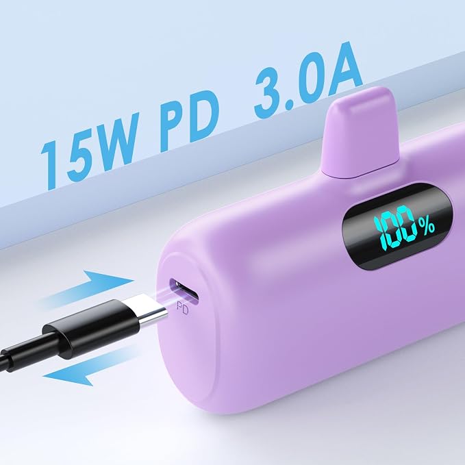Small Portable Charger for iPhone 5000mAh, PD Fast Charging Power Bank,Mini Battery Pack Portable Phone Charger Travel Essentials for iPhone 14/14 Pro Max/13/13 Pro/12 Pro/11/XS/XR/X/8/7/6/SE-Purple
