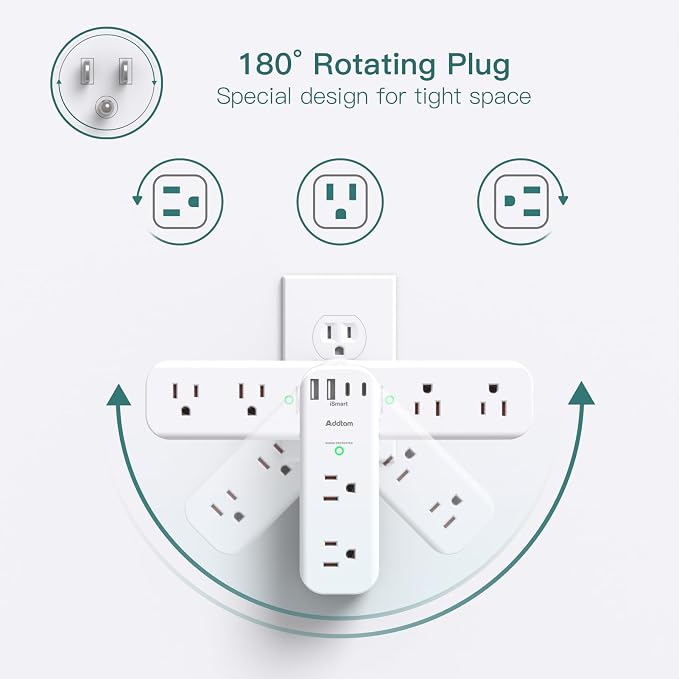 Surge Protector Wall Outlet Extender, Multi Plug Outlet with Rotating Plug, 6 AC Outlets 4 USB Ports (2 USB C), 1800J, 3-Side Power Strip Wall Mount, Outlet Splitter for College Dorm Travel Essentials