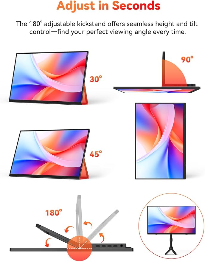 HotYeah Portable Monitor, 15.6-in 1080P FHD Laptop Monitor USB-C HDMI External Computer Display HDR FreeSync IPS w/Kickstand & Speaker, 2nd Screen for Laptop PC Mac Phone Tablet Switch PS5 Xbox