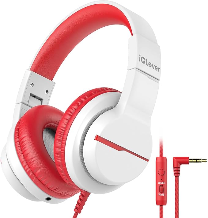 iClever HS19 Kids Headphones with Microphone, 74/85dBA Volume Limiter - Shareport - Over Ear Stereo Headphones for Kids Boys Girls, Foldable 3.5mm Jack Wired Headphone for iPad/School/Travel, White