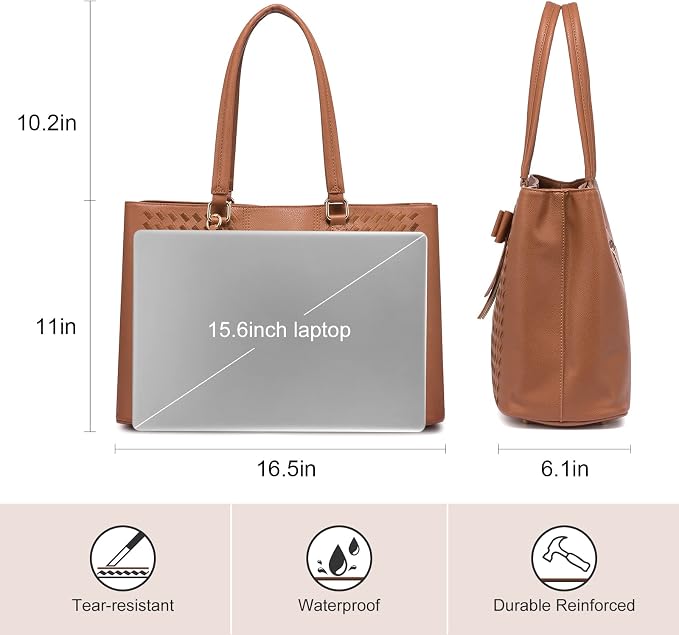 LOVEVOOK Laptop Tote Bag for Women 15.6 Inch Waterproof PU Leather Computer Bags Women Business Office Work Bag Briefcase,Brown