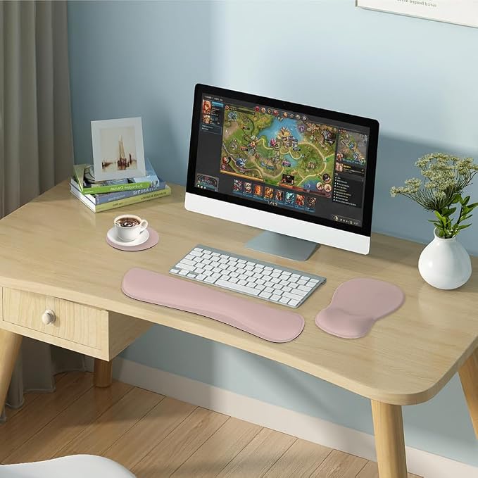 RICHEN Wrist Rest Support for Mouse Pad&Keyboard Set with Coaster,Concave Curved Memory Foam, Non-Slip Base Pain Relief Comfortable Easy Typing Pad for Home/Office (Lycra Pink)