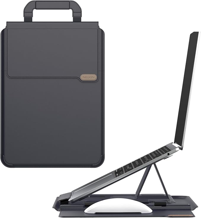 Nillkin Upgraded 13-16 Inch Laptop Sleeve Case for MacBook/Dell/HP/Lenovo/Asus, Unique Slim Travel Computer Bag with Adjustable Stand & Mouse Pad, Magnetic Handle, PU Leather, Black