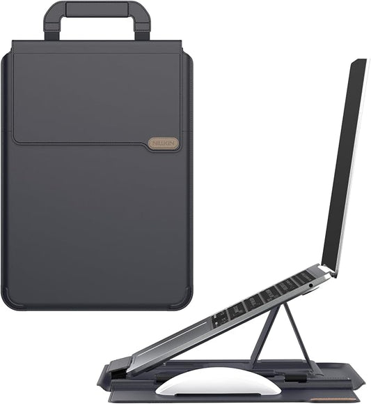 Nillkin Upgraded 13-16 Inch Laptop Sleeve Case for MacBook/Dell/HP/Lenovo/Asus, Unique Slim Travel Computer Bag with Adjustable Stand & Mouse Pad, Magnetic Handle, PU Leather, Black