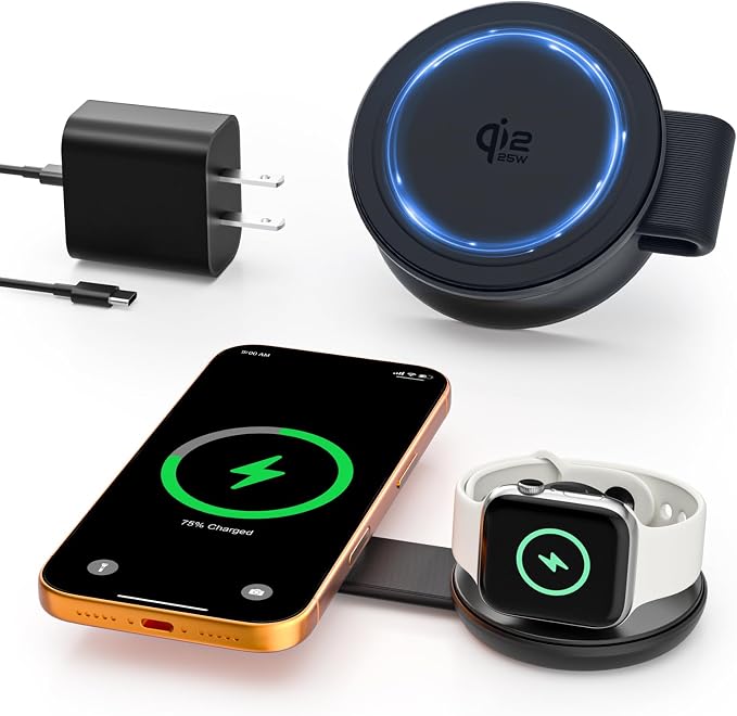 2 in 1 Magnetic Wireless Charger, Qi2 25W Fast Charging Travel Station Pad Compatible with MagSafe for iPhone Air/17/16/15/14/13/12, 5W for Apple Watch, AirPods 4/3/2/Pro with 30W Adapter (Black)
