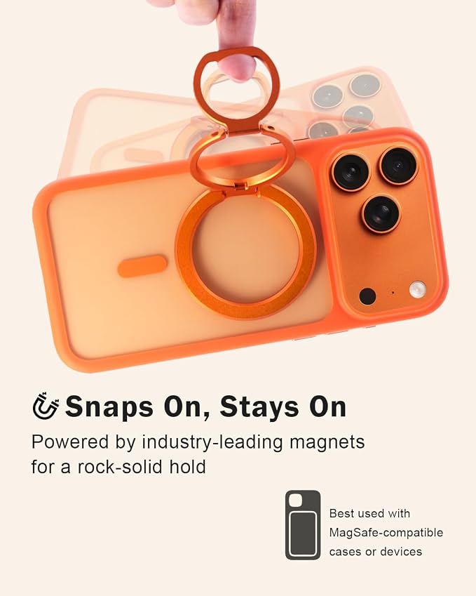 Phone Ring Holder for MagSafe,360°Rotation Magnetic Phone Grip Ultra-Thin & Lightweight Kickstand for iPhone 17/16/15/14/13/12 Series Orange