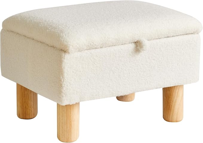 Aibiju Ottoman with Storage, Small Foot Rest for Couch 16x12x9.5inch, Safety Hinge Flip Top Foot Stool Load up to 330lb for Living Room Dorm Teddy White YD-JD136W