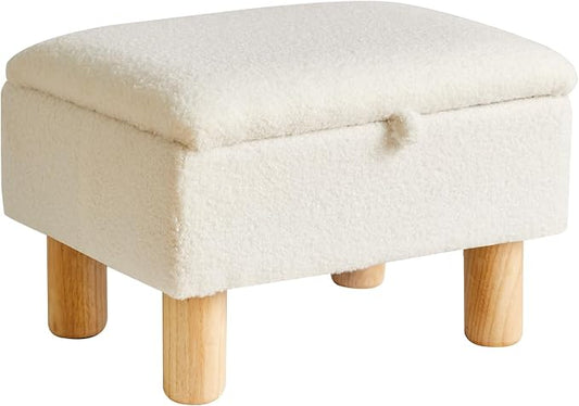 Aibiju Ottoman with Storage, Small Foot Rest for Couch 16x12x9.5inch, Safety Hinge Flip Top Foot Stool Load up to 330lb for Living Room Dorm Teddy White YD-JD136W
