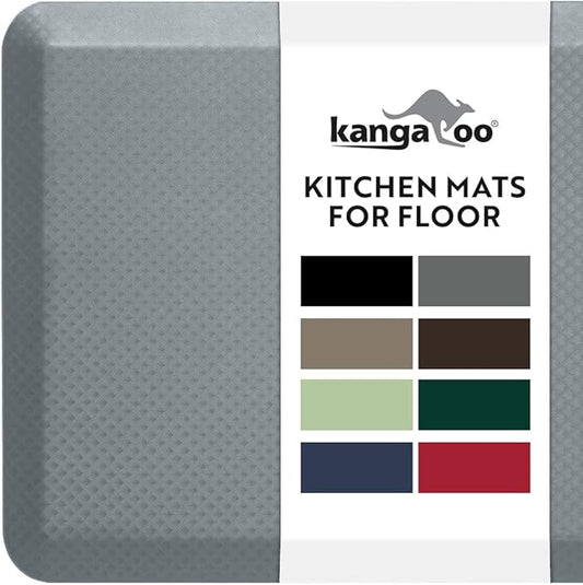 KANGAROO Anti Fatigue Mats for Kitchen Floor, 58x20, Reduce Foot, Knee, Back Pressure, 3/4 Inch Thick Cushioned Ergonomic Mat, Waterproof Comfort Rug for Under Sinks, Standing Desk, Store Floors, Grey