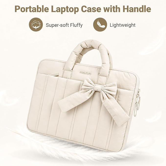 MOSISO Laptop Case 16 inch, 15-15.6 inch Puffy Laptop Sleeve Compatible with MacBook Pro 16 M5 M4 M3 M2 M1, HP Acer Dell Lenovo ASUS Notebook, Rectangle Quilted Carrying Bag with Bow&Handle, Sand
