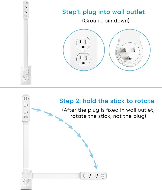 Olcorife Outlet Extender Stick, Power Strip with 6 Outlets & 4 USB Ports, Extends 22"-34", Rotates 180°(90° per Side), Home Dorm Essential for Nightstand, Couch and Desk