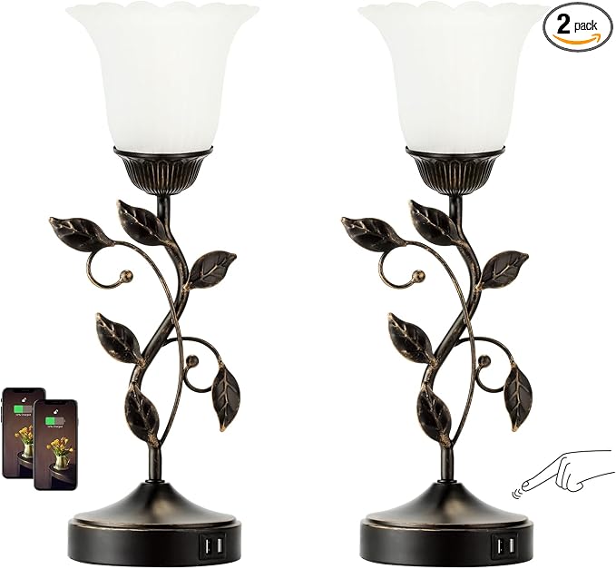 Set of 2 Touch Bedside Vintage Lamps with 2 USB Ports, 3-Way Dimmable Flower Lamps, White Glass Shade Rustic Leaf Lamp for Bedroom Side Table, LED Bulb Included