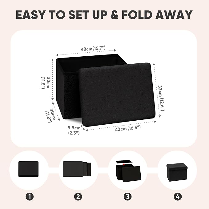 PINPLUS Storage Ottoman Cube Ottoman Foot Rest,Small Foldable Portable Boucle Upholstered Sherpa Ottomans, Faux Teddy Fur, Black 16.5"x12.6"x12.6"