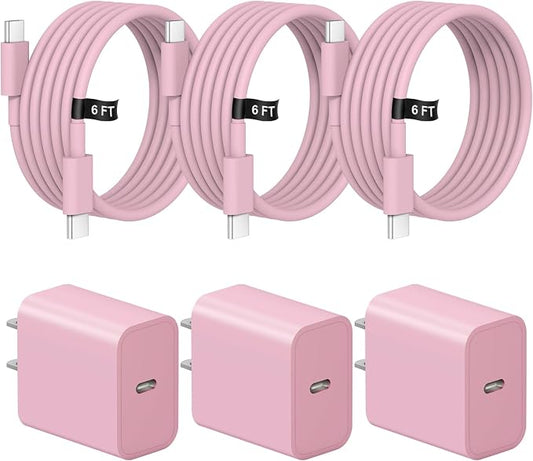 iPhone 17 16 15 Charger Fast Charging 3 Pack USB C Charger Block Type C Chargers 6FT Cord Wall Chargers Compatible with iPhone Air/17/17 Plus/17 Pro/17 Pro Max/16/16 Plus/16 Pro/16 Pro(Pink)