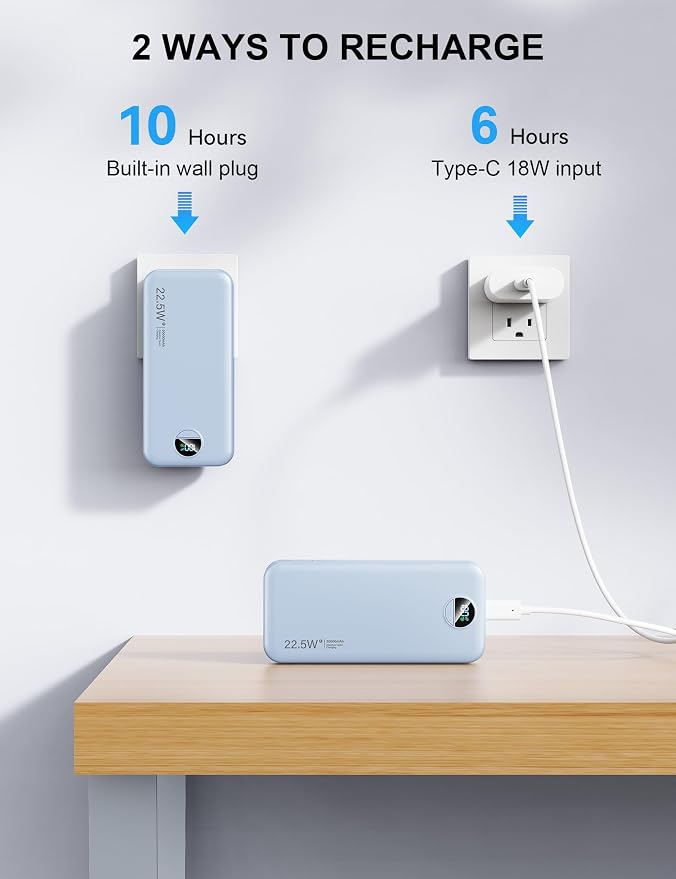 Portable Charger, 20000mAh 22.5W Fast Charging Power Bank with Built-in Cables & Wall Plug, USB C External Battery Pack with LED Display, Travel Essentials Phone Charger for iPhone iPad Samsung Blue