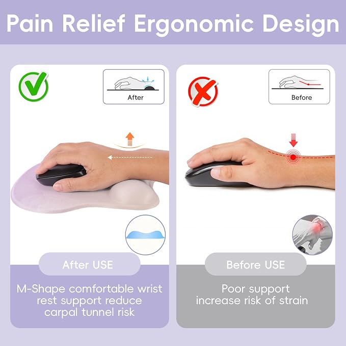 Mouse Pad with Wrist Rest Ergonomic Mouse Pad with Comfortable M-Shape Pain Relief Wrist Support Non-Slip PU Base Mousepad for Laptop, Office & Home (Lilac)