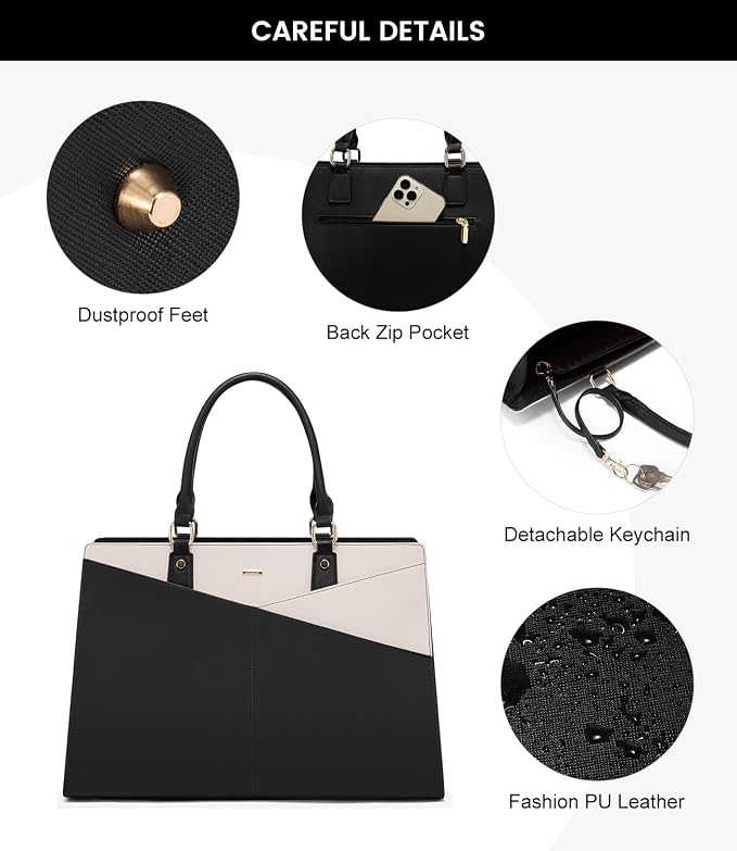 LOVEVOOK Laptop Tote Bag for Women, Waterproof Leather Business Office Work Bag Computer Briefcase with Small Clutch fit for 17.3 Inch Laptop,Black-Beige