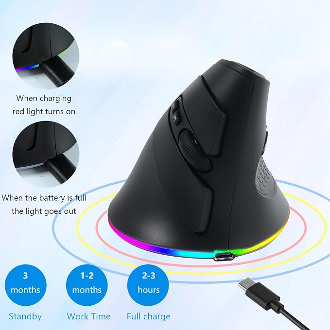 Wireless Mouse, Vertical Ergonomic Mouse 2.4G Bluetooth Dual Mode 3 DPI Rechargeable Connect Multiple Devices Vertical Mouse 6 Buttons and RGB Lights Suitable for PC Laptop Computer(Black)