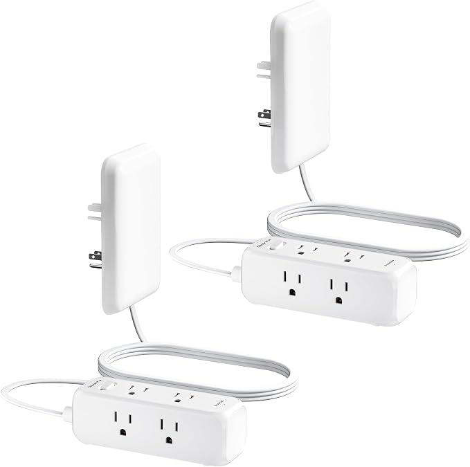 Olcorife Flat Outlet Extender with Cover, Flat Plug Power Strip with 6 AC Outlets, 2000 Joules Surge Protector, 3FT Flat Extension Cord, Home Office Travel Dorm Room Essentials (Pack of 2)