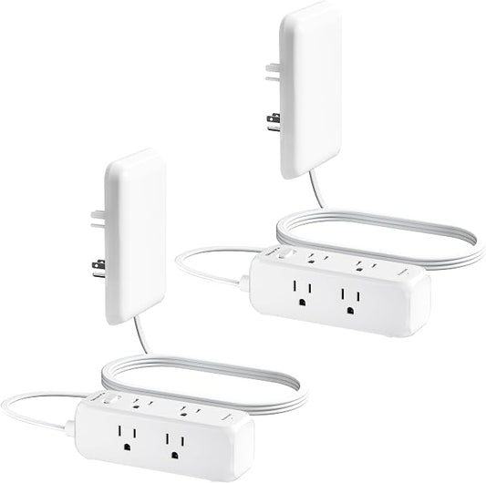 Olcorife Flat Outlet Extender with Cover, Flat Plug Power Strip with 6 AC Outlets, 2000 Joules Surge Protector, 3FT Flat Extension Cord, Home Office Travel Dorm Room Essentials (Pack of 2)