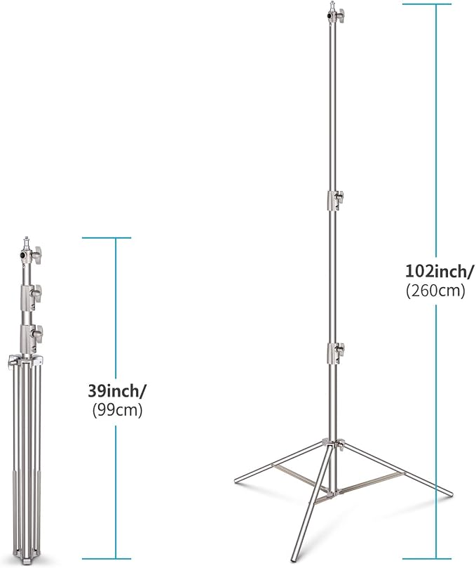 NEEWER 102"/2.6m Stainless Steel Light Stand, Spring Cushioned Heavy Duty Photography Tripod with 1/4” to 3/8” Universal Screw Adapter for Strobe, LED Video Lighting, Ringlight, Monolight, Softbox