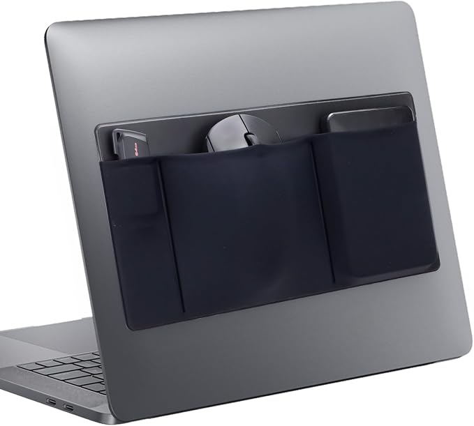 3-Pocket Laptop Pouch for Mouse & Hard Drive, Adhesive Holder Case Elastic Sleeve Pocket for External Portable SSD, Phone, USB Cable, Pen, Black
