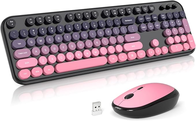 MOFII Wireless Keyboard and Mouse Combo, 2.4GHz Retro Typewriter Keyboard Full Size, Quiet Click Mouse, USB Receiver Plug and Play, for PC, Laptop, Desktop, Windows (Plum Pink Gradient)