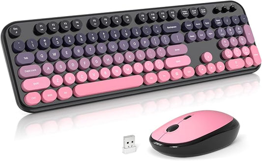 MOFII Wireless Keyboard and Mouse Combo, 2.4GHz Retro Typewriter Keyboard Full Size, Quiet Click Mouse, USB Receiver Plug and Play, for PC, Laptop, Desktop, Windows (Plum Pink Gradient)