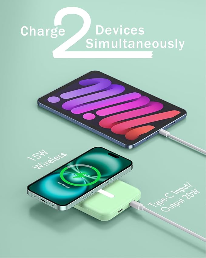 podoru for Magsafe Battery Pack, 5000mAh Magnetic Power Bank with Type-C Cable 20W PD Fast Charging Lighting Input Wireless Portable Charger for iPhone 17/16/15/14/13/12/ All Series-Green
