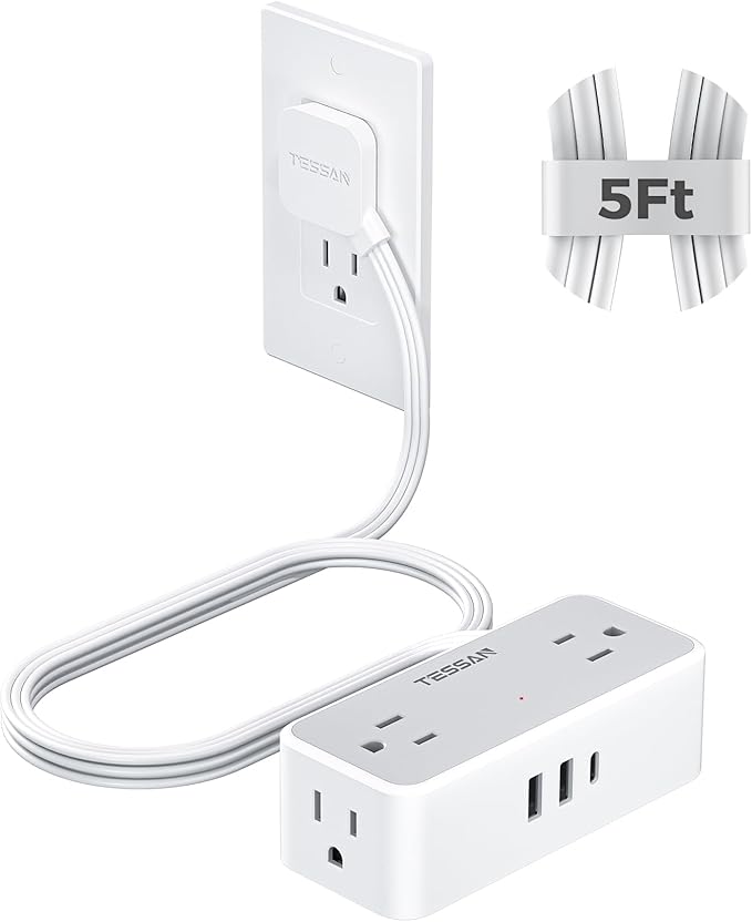 TESSAN Flat Plug Extension Cord 5 FT, Surge Protector Power Strip with 4 AC Outlets 1 USB C and 2 USB A Ports, 900 Joules Protection, Multiple Wall Outlet Extender Suitable for Office Dorm, Grey